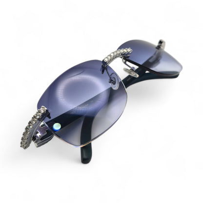 C Decor Woods (Iced - Moissanite) - Silver Blue Woods Sunglasses w/ Moissanite Diamonds Double Row Set (2020s) - Luxury Optical
