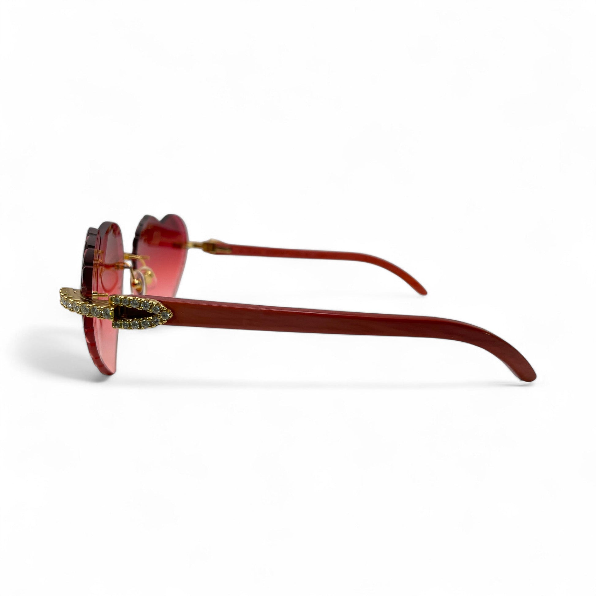 C Decor Woods (Iced w/ Diamond Cut) - Gold Red Woods Sunglasses w/ Raspberry Red Heart Lenses - Diamonds Prong Set (2020s) - Luxury Optical