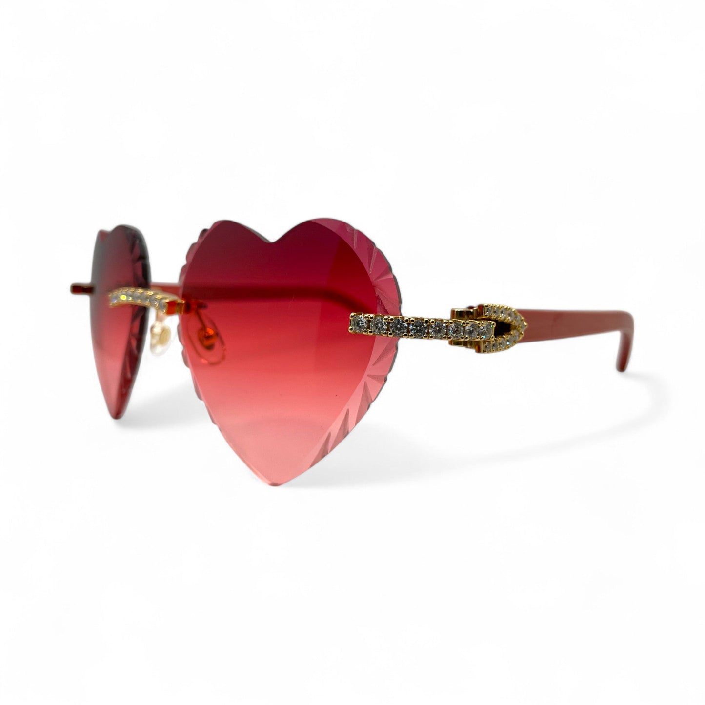 C Decor Woods (Iced w/ Diamond Cut) - Gold Red Woods Sunglasses w/ Raspberry Red Heart Lenses - Diamonds Prong Set (2020s) - Luxury Optical