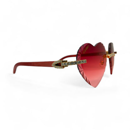 C Decor Woods (Iced w/ Diamond Cut) - Gold Red Woods Sunglasses w/ Raspberry Red Heart Lenses - Diamonds Prong Set (2020s) - Luxury Optical