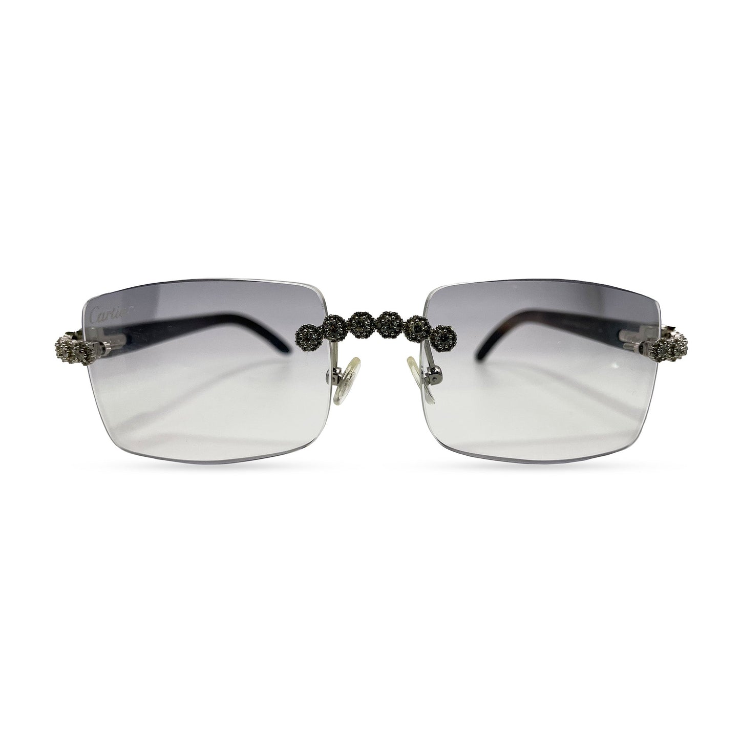 C Decor Buffs (Iced - CZ) - Silver White Genuine Horn Sunglasses w/ Light Gray Lenses - Diamonds Flower Set (2010s) - Luxury Optical