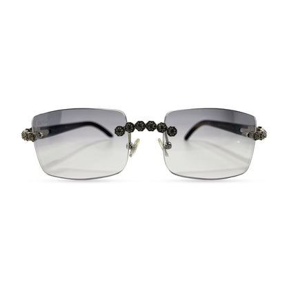 C Decor Buffs (Iced - CZ) - Silver White Genuine Horn Sunglasses w/ Light Gray Lenses - Diamonds Flower Set (2010s) - Luxury Optical