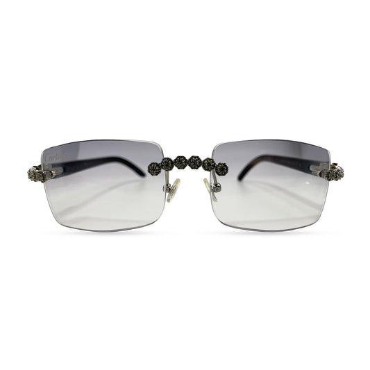 C Decor Buffs (Iced - CZ) - Silver White Genuine Horn Sunglasses w/ Light Gray Lenses - Diamonds Flower Set (2010s) - Luxury Optical