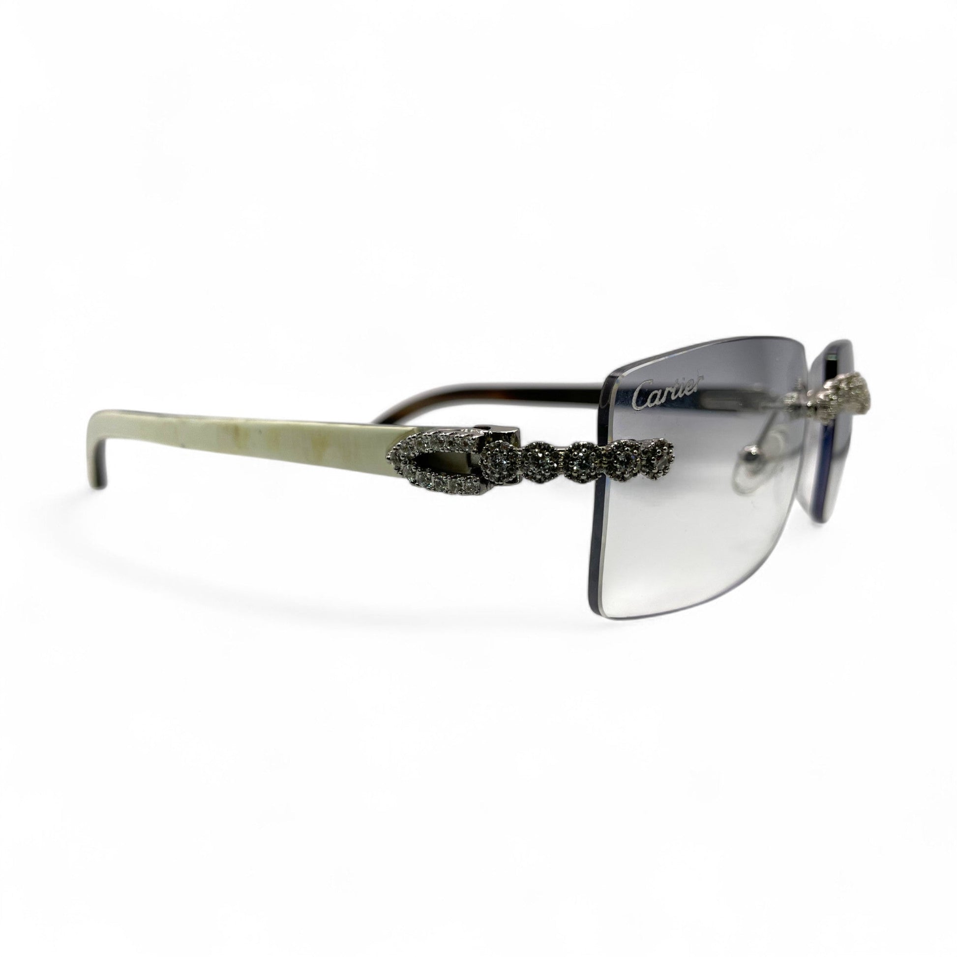 C Decor Buffs (Iced - CZ) - Silver White Genuine Horn Sunglasses w/ Light Gray Lenses - Diamonds Flower Set (2010s) - Luxury Optical