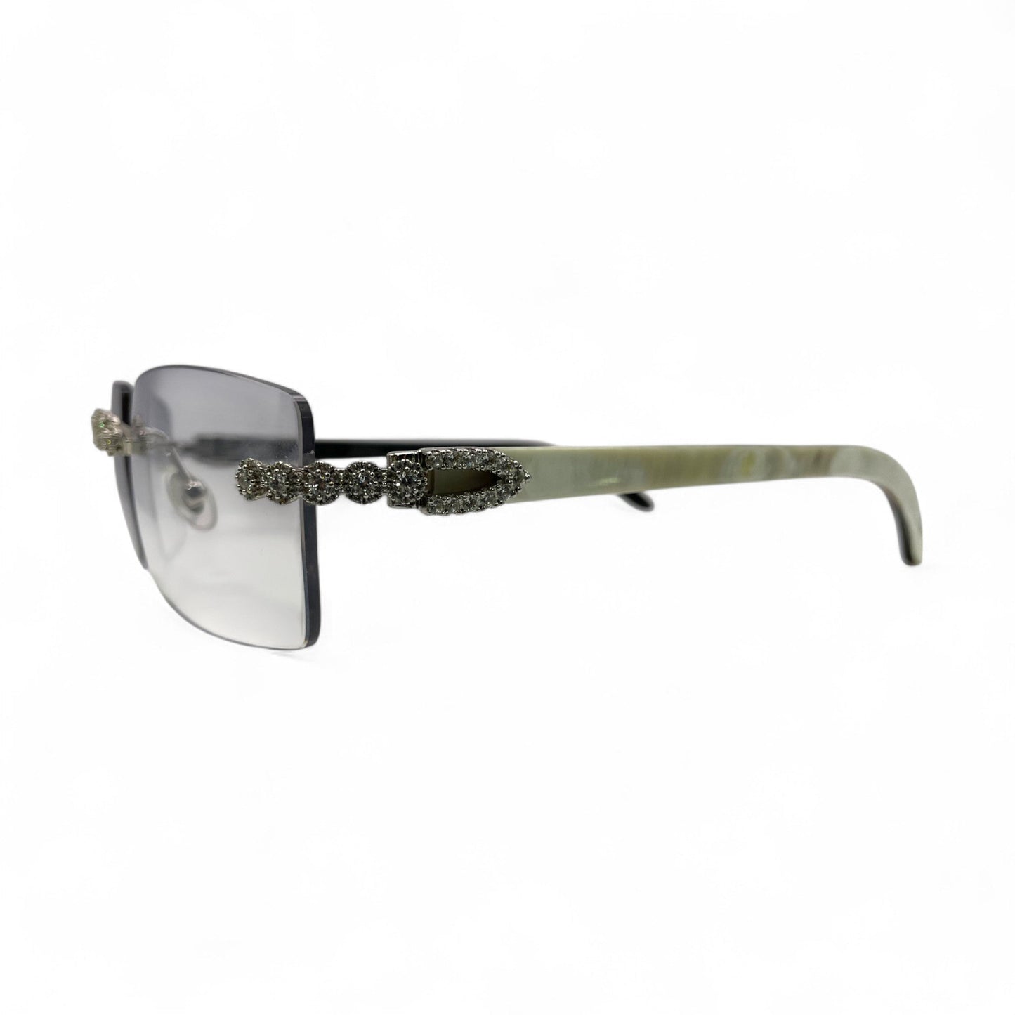 C Decor Buffs (Iced - CZ) - Silver White Genuine Horn Sunglasses w/ Light Gray Lenses - Diamonds Flower Set (2010s) - Luxury Optical