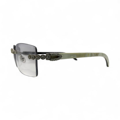 C Decor Buffs (Iced - CZ) - Silver White Genuine Horn Sunglasses w/ Light Gray Lenses - Diamonds Flower Set (2010s) - Luxury Optical