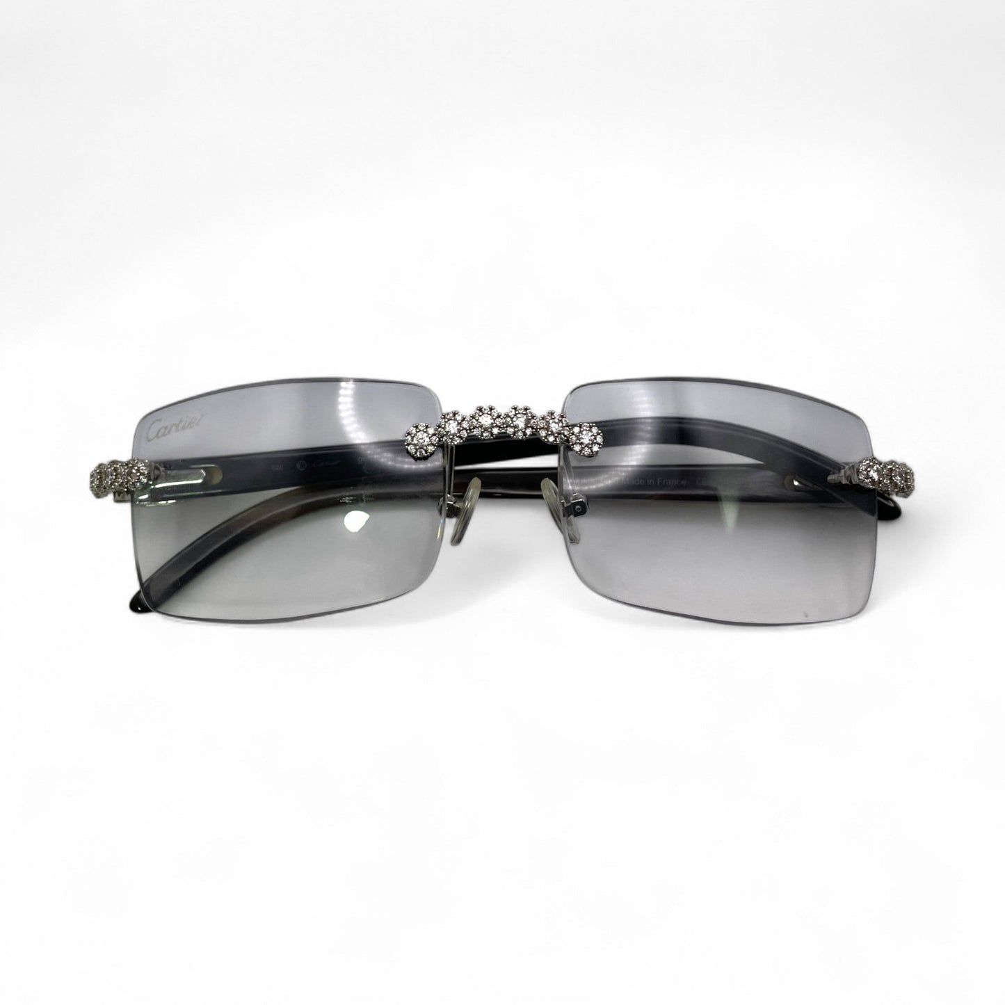 C Decor Buffs (Iced - CZ) - Silver White Genuine Horn Sunglasses w/ Light Gray Lenses - Diamonds Flower Set (2010s) - Luxury Optical