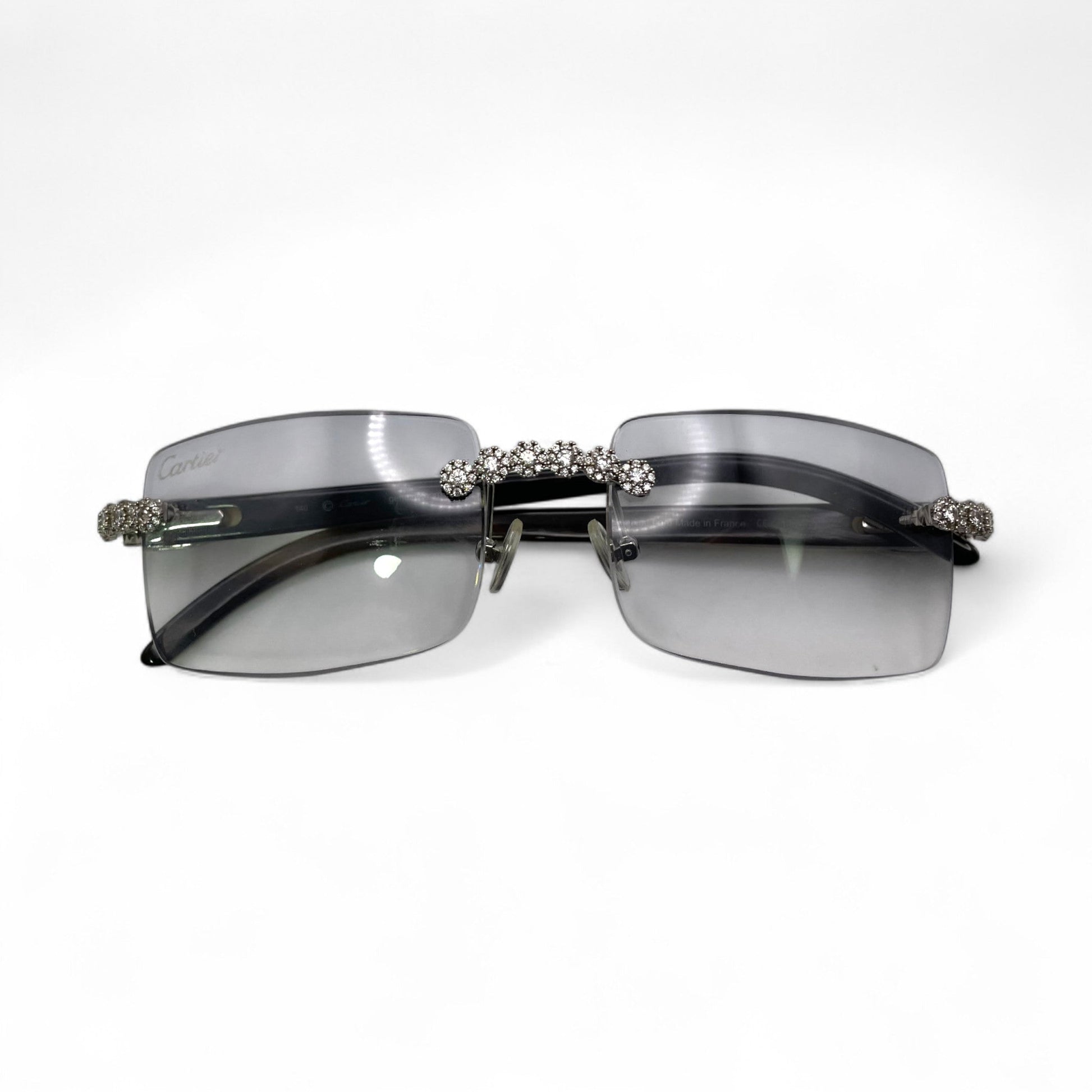 C Decor Buffs (Iced - CZ) - Silver White Genuine Horn Sunglasses w/ Light Gray Lenses - Diamonds Flower Set (2010s) - Luxury Optical