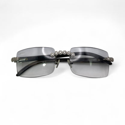 C Decor Buffs (Iced - CZ) - Silver White Genuine Horn Sunglasses w/ Light Gray Lenses - Diamonds Flower Set (2010s) - Luxury Optical