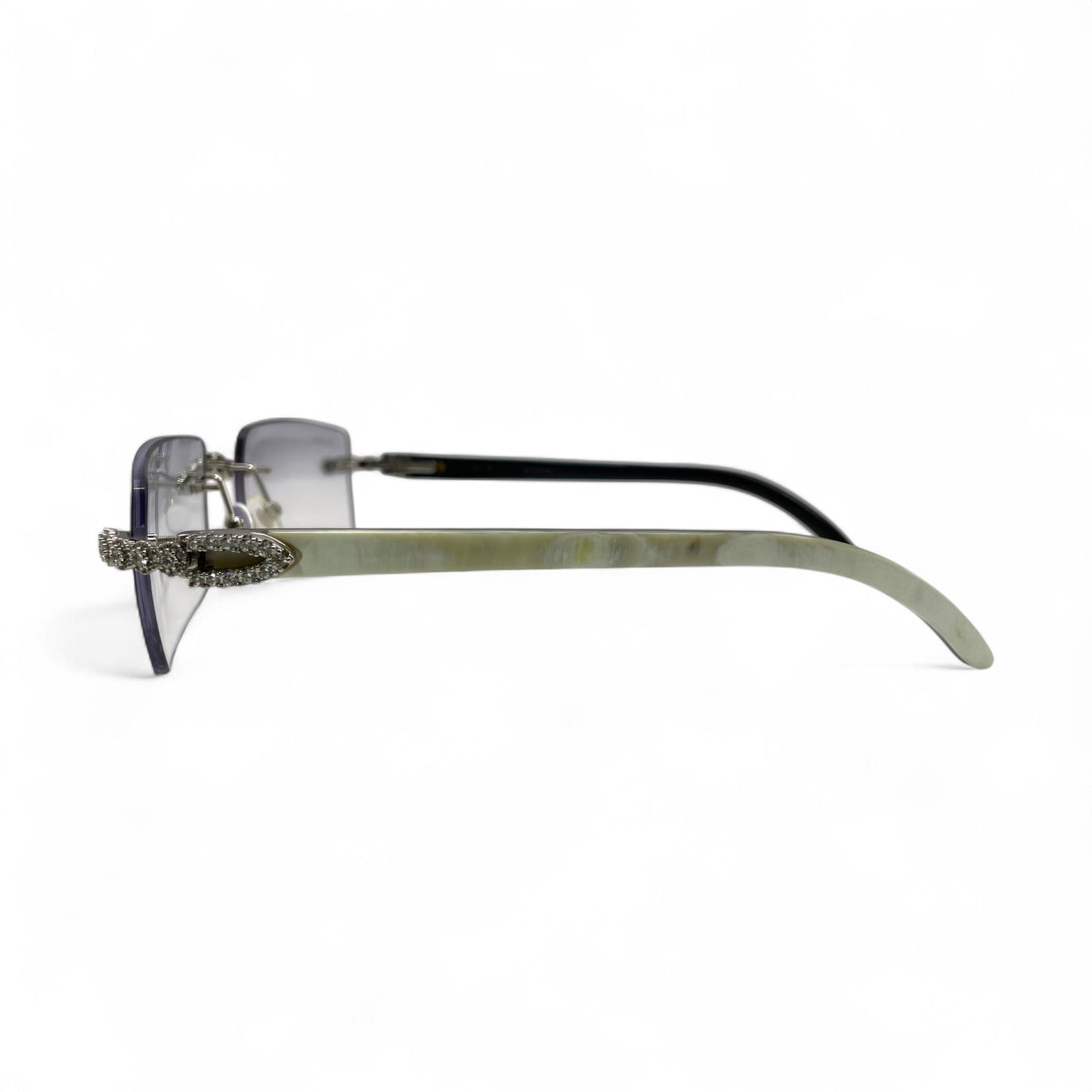 C Decor Buffs (Iced - CZ) - Silver White Genuine Horn Sunglasses w/ Light Gray Lenses - Diamonds Flower Set (2010s) - Luxury Optical
