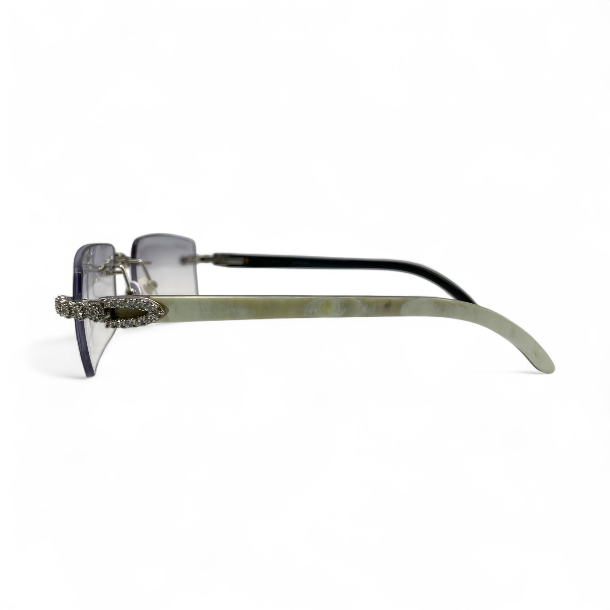 C Decor Buffs (Iced - CZ) - Silver White Genuine Horn Sunglasses w/ Light Gray Lenses - Diamonds Flower Set (2010s) - Luxury Optical