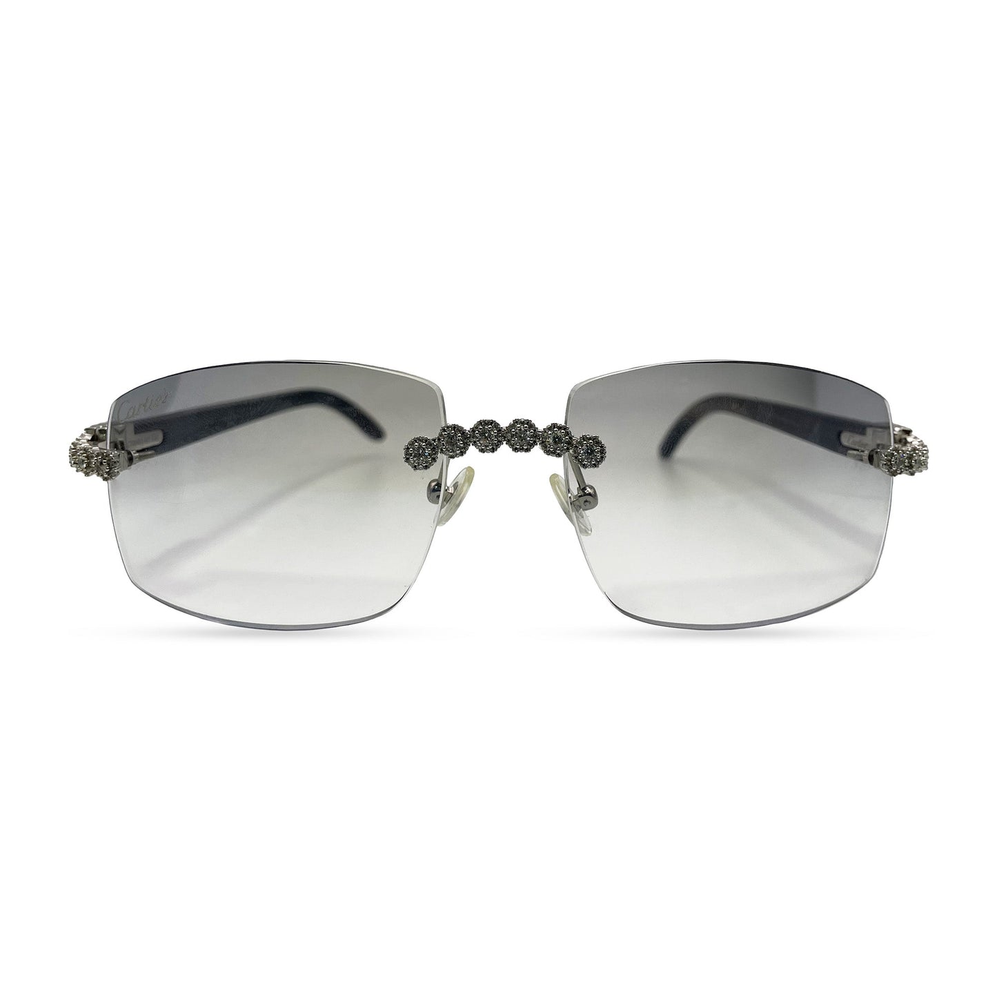 C Decor Buffs (Iced - CZ) - Silver White Genuine Horn Sunglasses w/ Light Gray Lenses - Diamonds Flower Set (2010s) - Luxury Optical