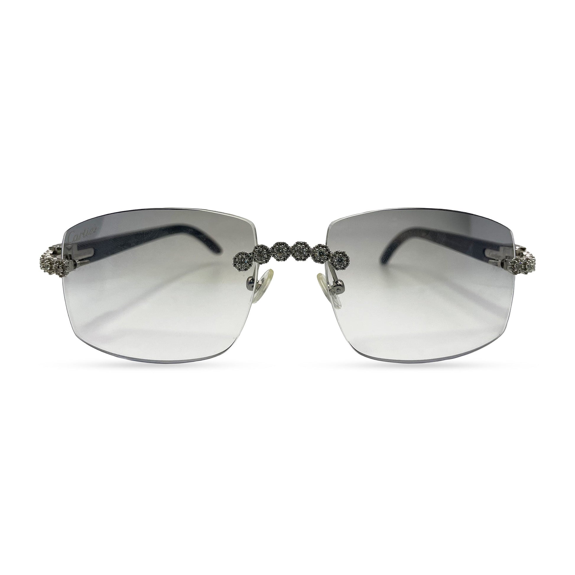 C Decor Buffs (Iced - CZ) - Silver White Genuine Horn Sunglasses w/ Light Gray Lenses - Diamonds Flower Set (2010s) - Luxury Optical