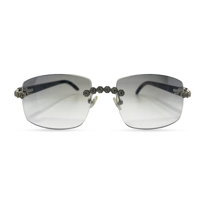 C Decor Buffs (Iced - CZ) - Silver White Genuine Horn Sunglasses w/ Light Gray Lenses - Diamonds Flower Set (2010s) - Luxury Optical