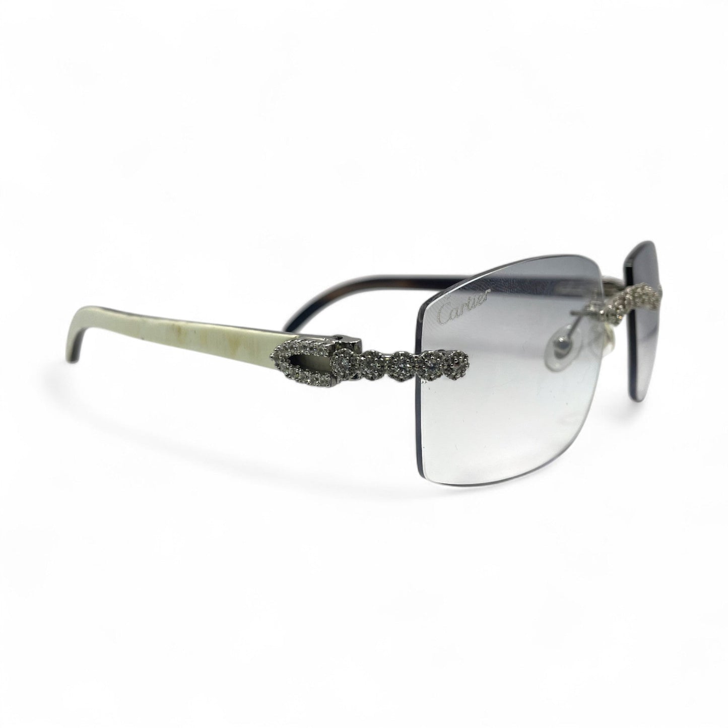C Decor Buffs (Iced - CZ) - Silver White Genuine Horn Sunglasses w/ Light Gray Lenses - Diamonds Flower Set (2010s) - Luxury Optical