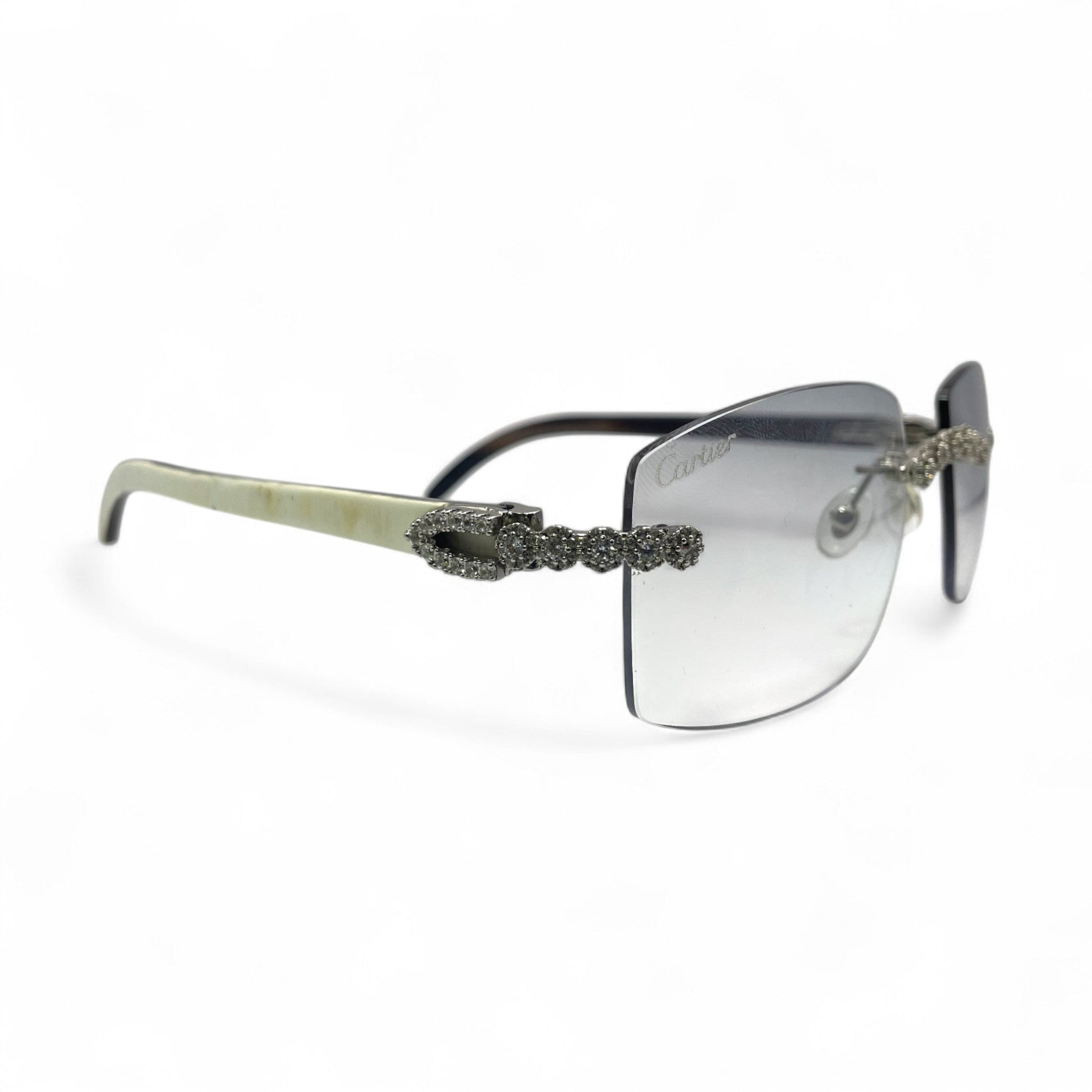 C Decor Buffs (Iced - CZ) - Silver White Genuine Horn Sunglasses w/ Light Gray Lenses - Diamonds Flower Set (2010s) - Luxury Optical