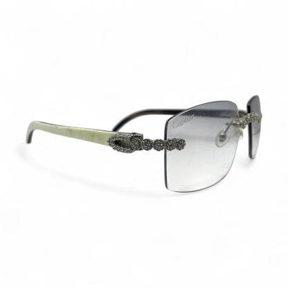 C Decor Buffs (Iced - CZ) - Silver White Genuine Horn Sunglasses w/ Light Gray Lenses - Diamonds Flower Set (2010s) - Luxury Optical