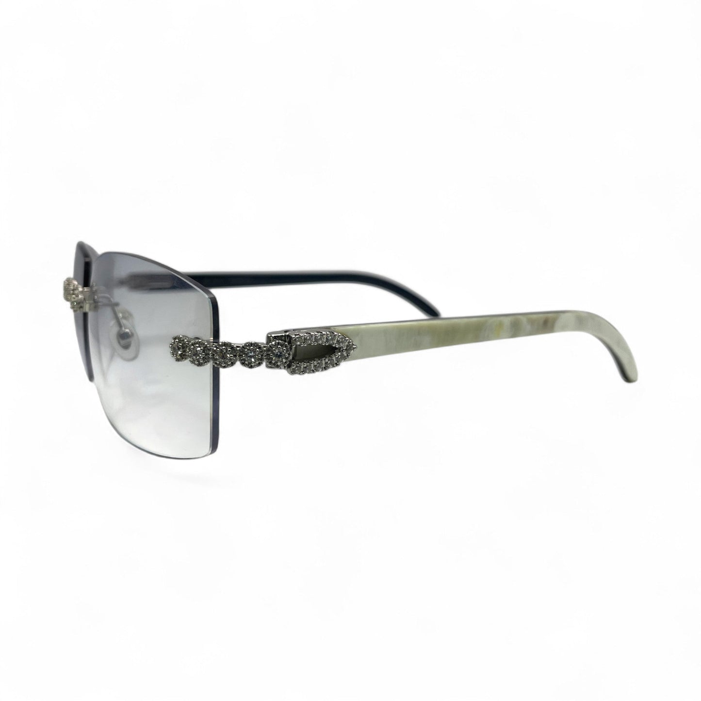 C Decor Buffs (Iced - CZ) - Silver White Genuine Horn Sunglasses w/ Light Gray Lenses - Diamonds Flower Set (2010s) - Luxury Optical