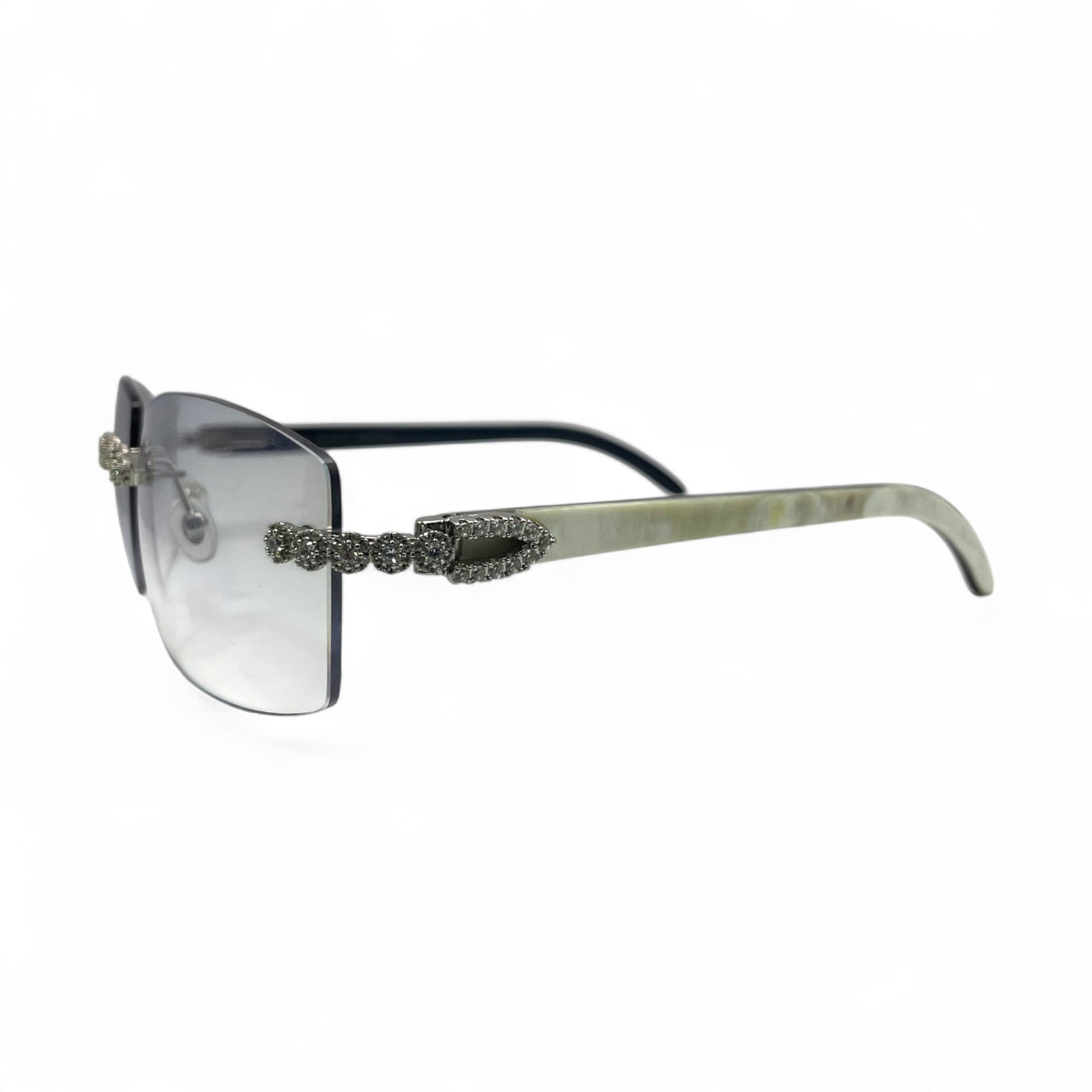 C Decor Buffs (Iced - CZ) - Silver White Genuine Horn Sunglasses w/ Light Gray Lenses - Diamonds Flower Set (2010s) - Luxury Optical