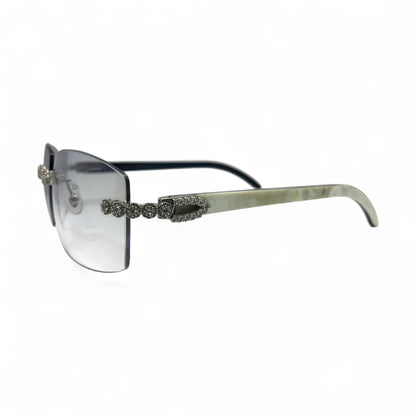 C Decor Buffs (Iced - CZ) - Silver White Genuine Horn Sunglasses w/ Light Gray Lenses - Diamonds Flower Set (2010s) - Luxury Optical