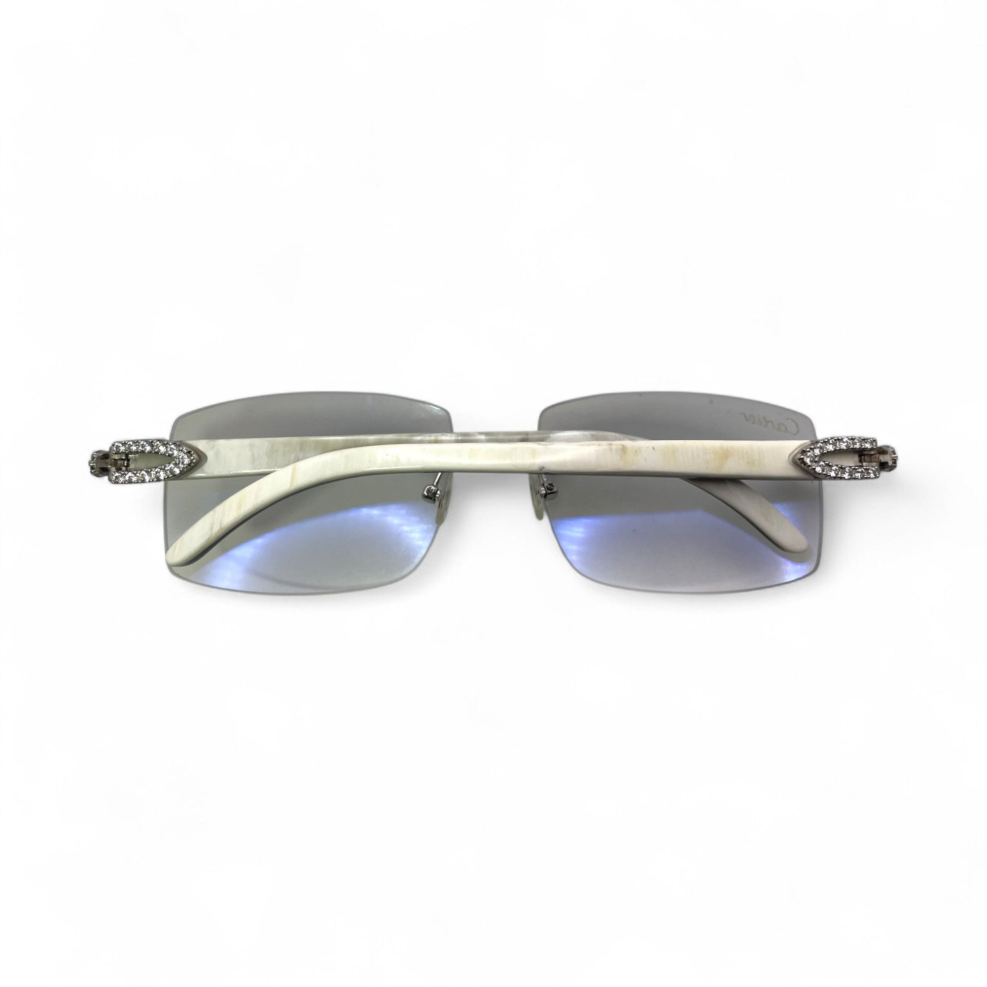 C Decor Buffs (Iced - CZ) - Silver White Genuine Horn Sunglasses w/ Light Gray Lenses - Diamonds Flower Set (2010s) - Luxury Optical