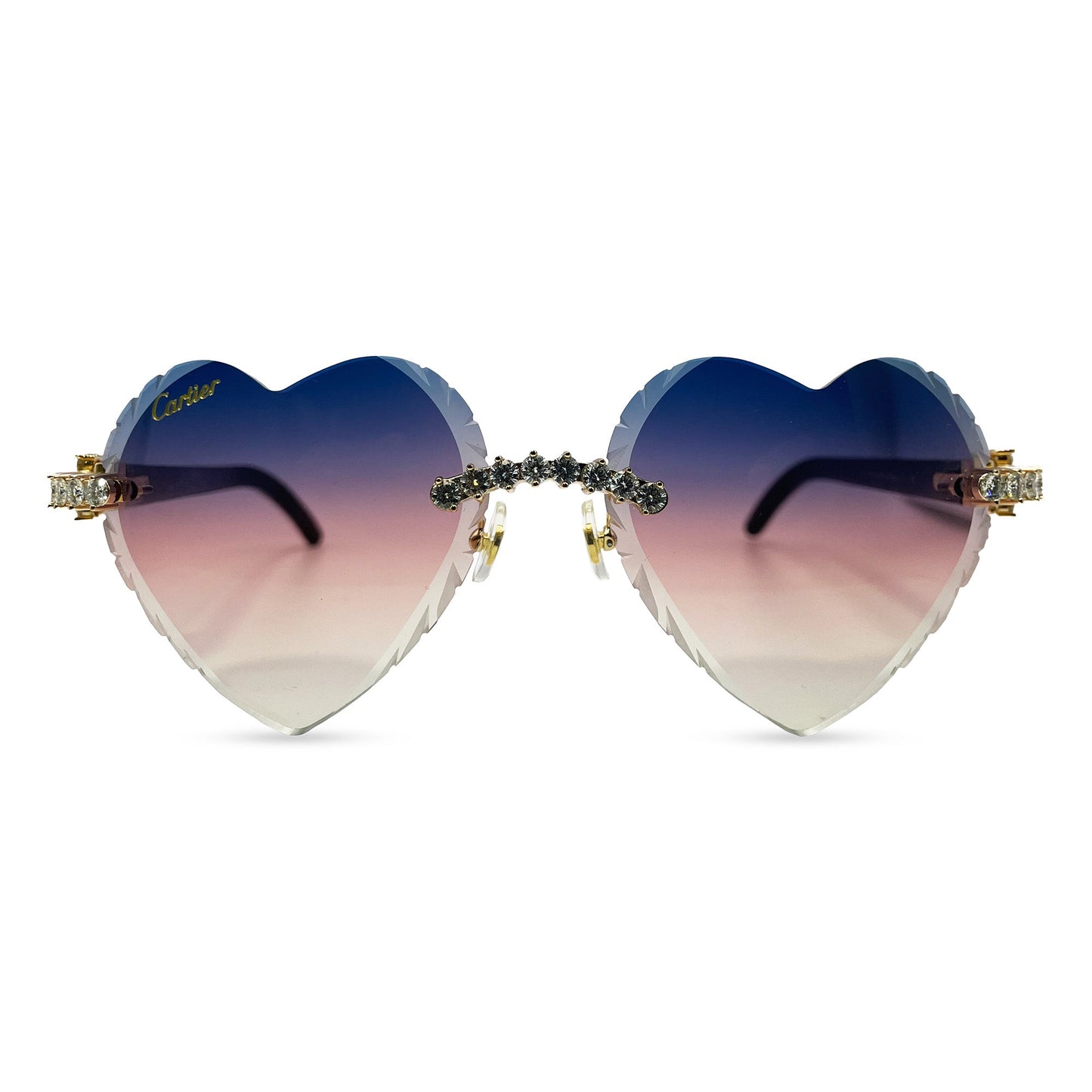 C Decor Buffs (Iced w/ Diamond Cut) - White Genuine Horn Sunglasses w/ Blue & Pink Gradient Heart Lenses (2020s)