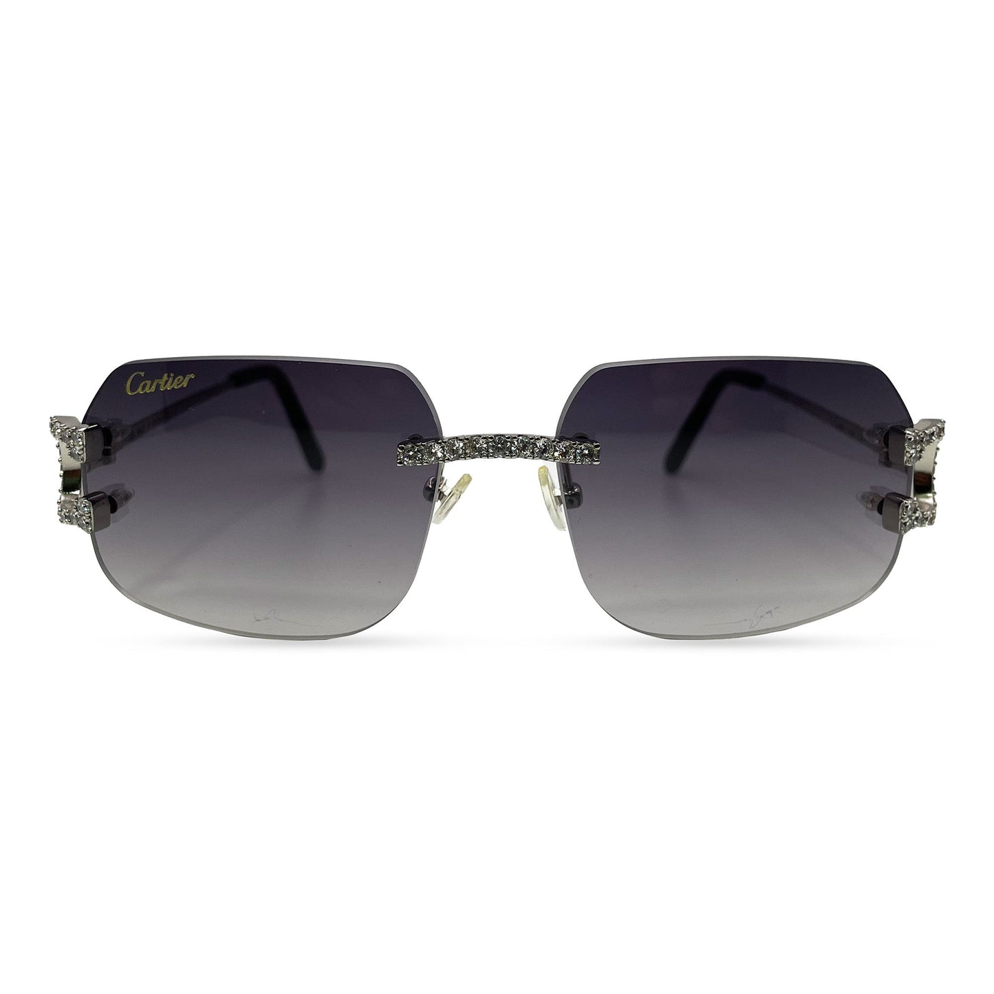 Big C Decor (Iced) - Silver Wires Sunglasses w/ Custom Dark Gray Lenses - 3pc Diamonds Prong Set (2010s) - Luxury Optical