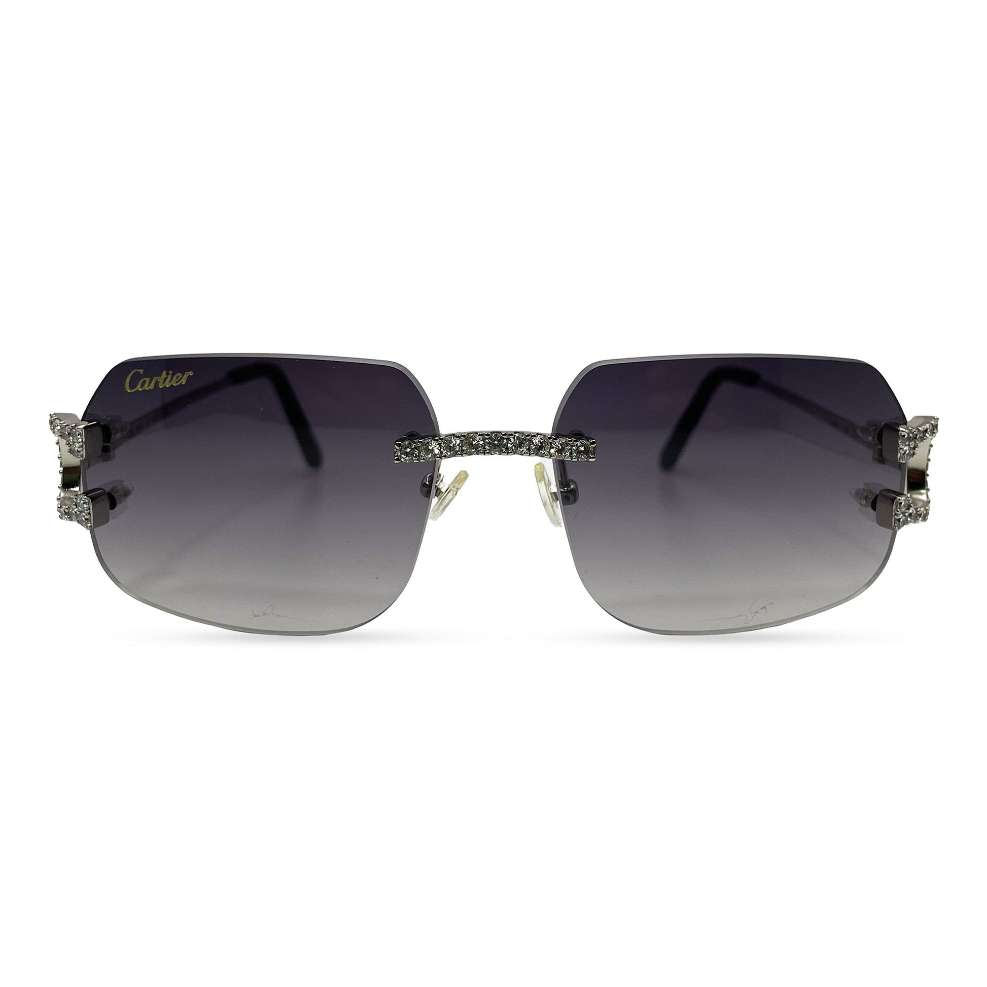 Big C Decor (Iced) - Silver Wires Sunglasses w/ Custom Dark Gray Lenses - 3pc Diamonds Prong Set (2010s) - Luxury Optical