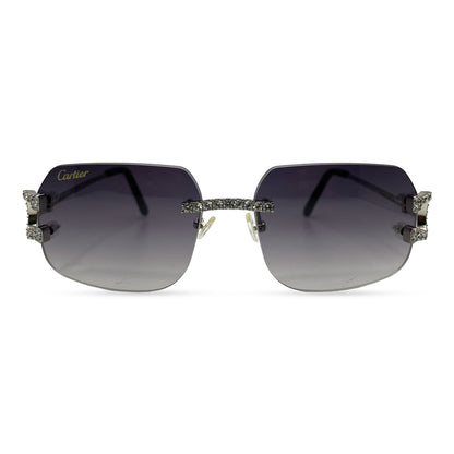 Big C Decor (Iced) - Silver Wires Sunglasses w/ Custom Dark Gray Lenses - 3pc Diamonds Prong Set (2010s) - Luxury Optical