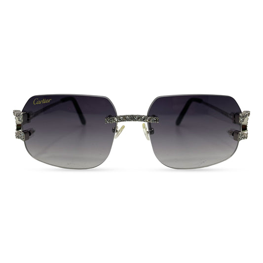 Big C Decor (Iced) - Silver Wires Sunglasses w/ Custom Dark Gray Lenses - 3pc Diamonds Prong Set (2010s) - Luxury Optical