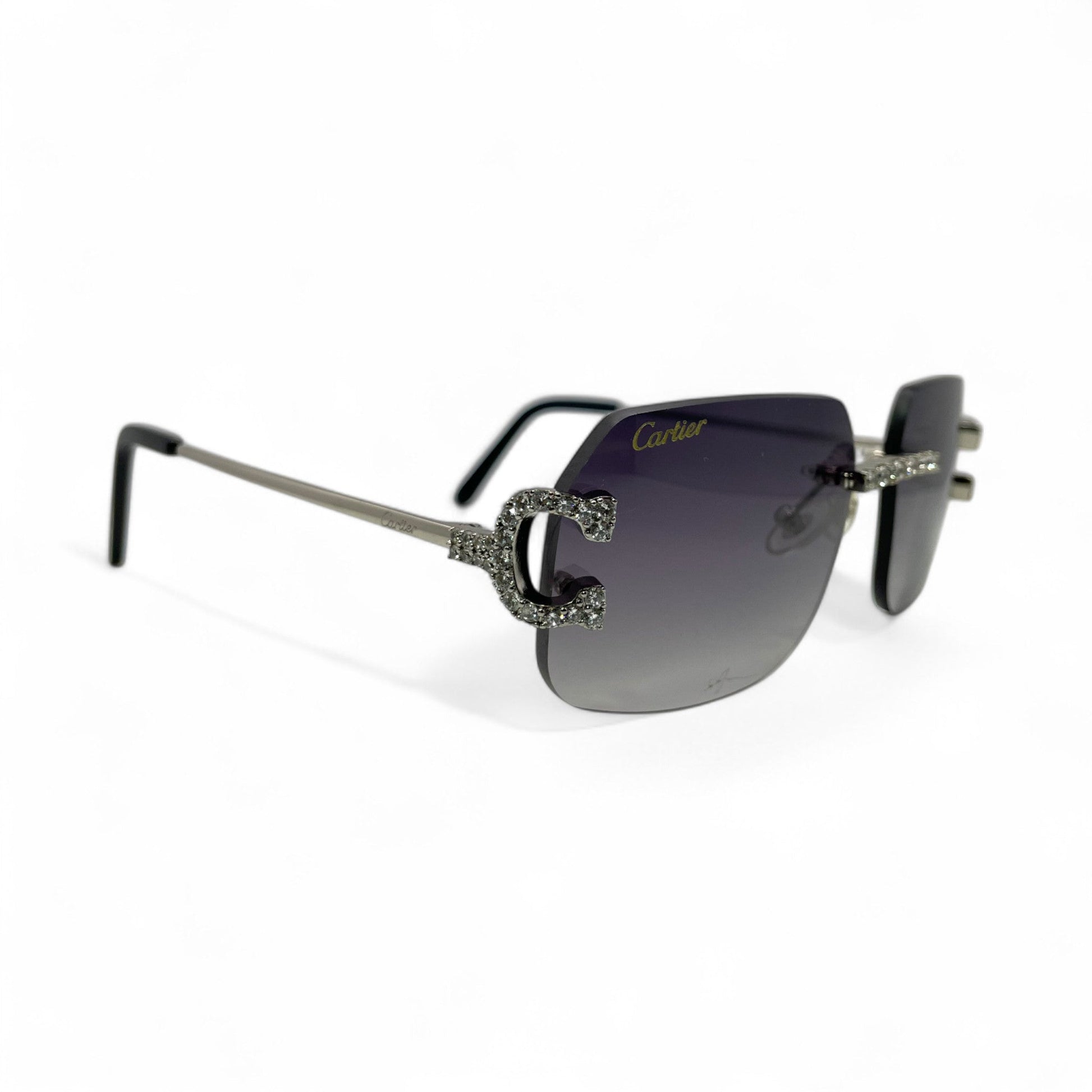 Big C Decor (Iced) - Silver Wires Sunglasses w/ Custom Dark Gray Lenses - 3pc Diamonds Prong Set (2010s) - Luxury Optical