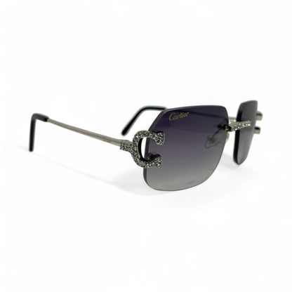 Big C Decor (Iced) - Silver Wires Sunglasses w/ Custom Dark Gray Lenses - 3pc Diamonds Prong Set (2010s) - Luxury Optical