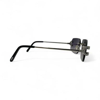 Big C Decor (Iced) - Silver Wires Sunglasses w/ Custom Dark Gray Lenses - 3pc Diamonds Prong Set (2010s) - Luxury Optical