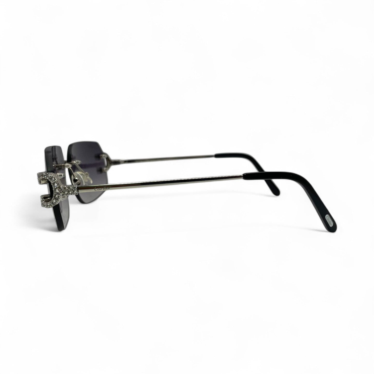 Big C Decor (Iced) - Silver Wires Sunglasses w/ Custom Dark Gray Lenses - 3pc Diamonds Prong Set (2010s) - Luxury Optical