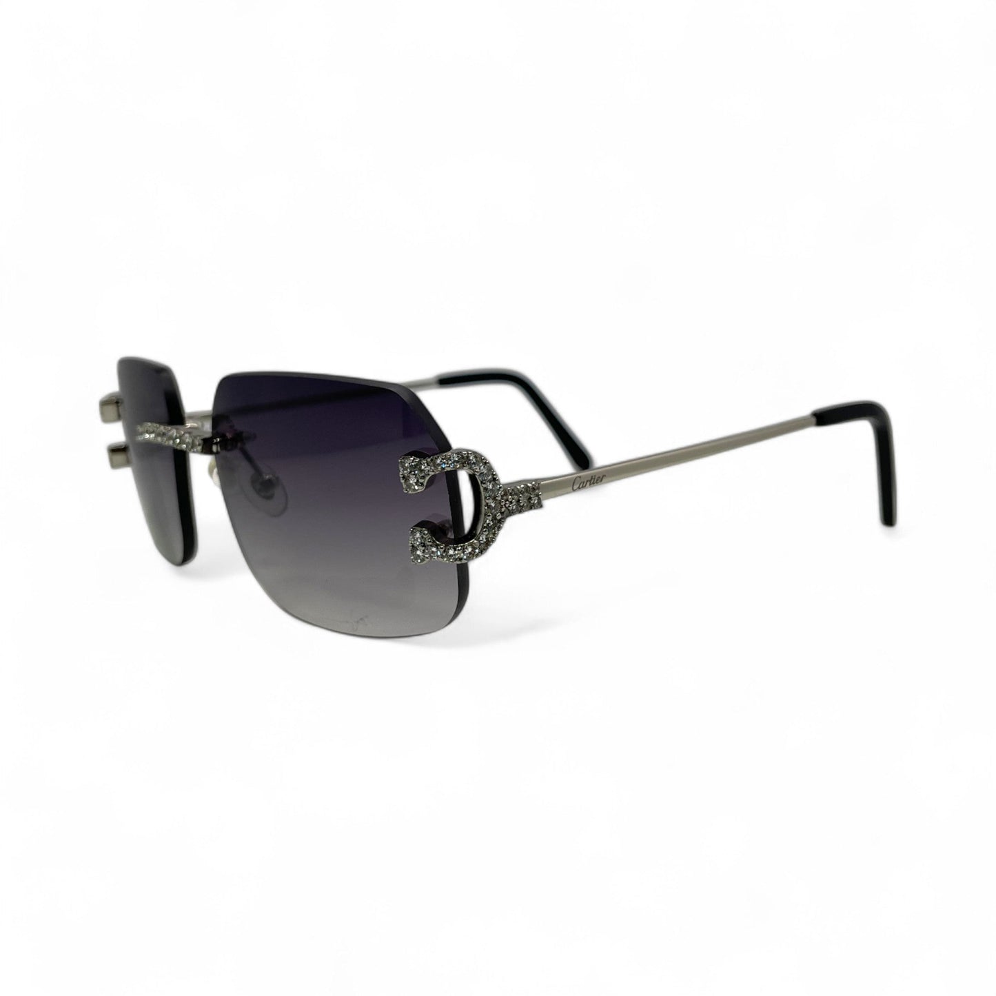 Big C Decor (Iced) - Silver Wires Sunglasses w/ Custom Dark Gray Lenses - 3pc Diamonds Prong Set (2010s) - Luxury Optical