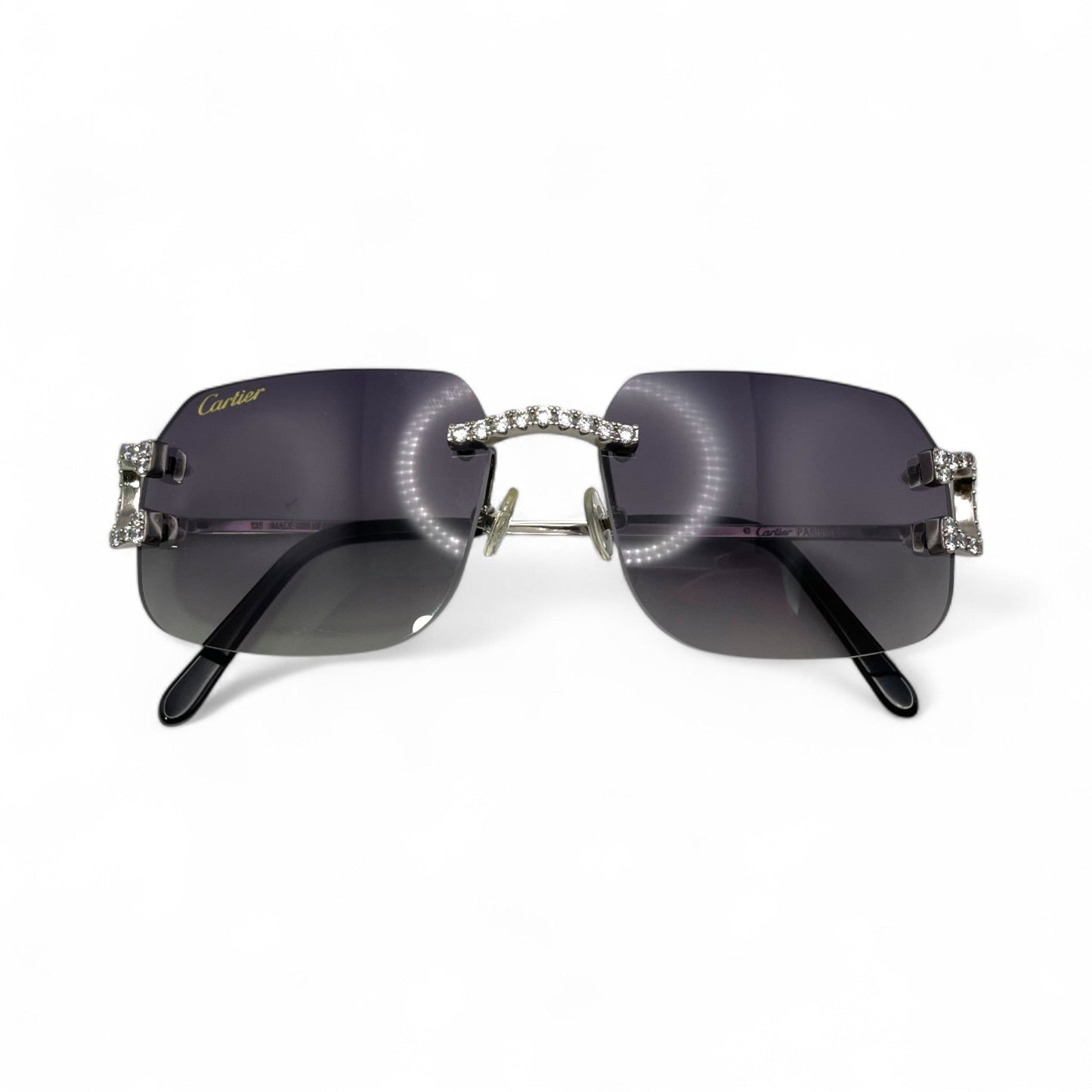 Big C Decor (Iced) - Silver Wires Sunglasses w/ Custom Dark Gray Lenses - 3pc Diamonds Prong Set (2010s) - Luxury Optical