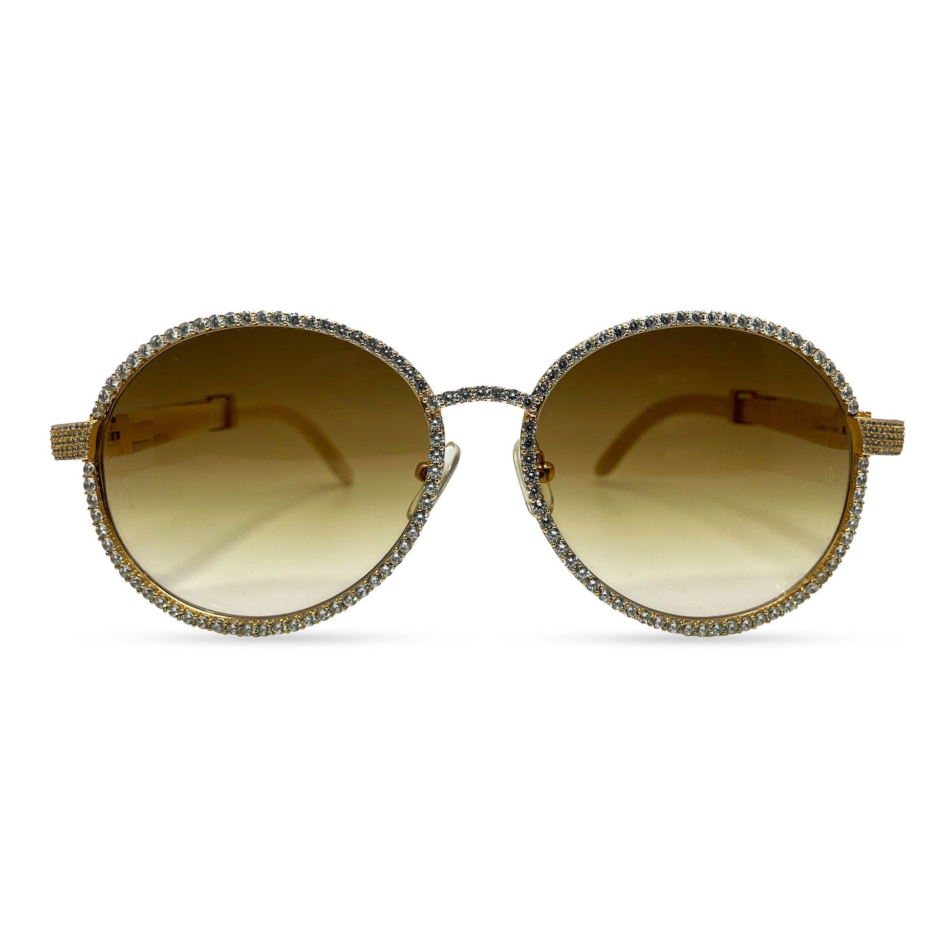 Bagatelle (Iced - CZ) - 56-16 Gold White Genuine Horn Sunglasses w/ Diamond Frame & Olive Brown Lenses - Luxury Optical