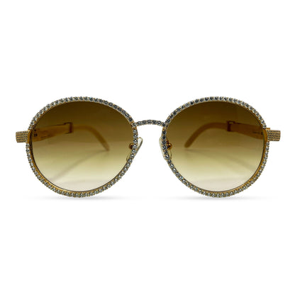 Bagatelle (Iced - CZ) - 56-16 Gold White Genuine Horn Sunglasses w/ Diamond Frame & Olive Brown Lenses - Luxury Optical