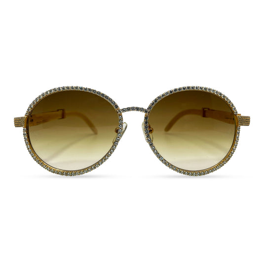 Bagatelle (Iced - CZ) - 56-16 Gold White Genuine Horn Sunglasses w/ Diamond Frame & Olive Brown Lenses - Luxury Optical