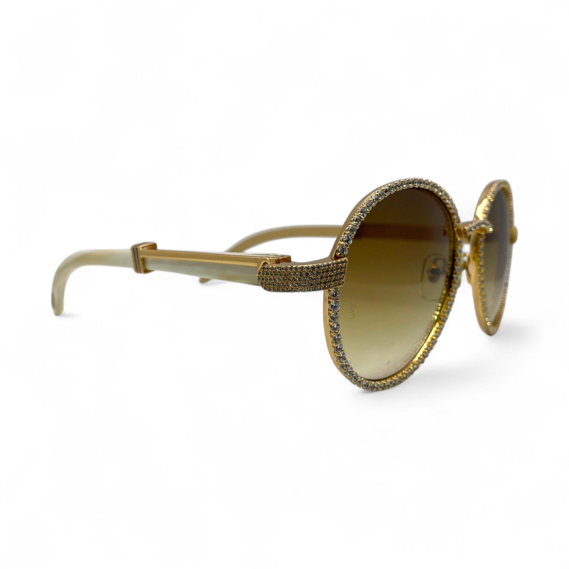 Bagatelle (Iced - CZ) - 56-16 Gold White Genuine Horn Sunglasses w/ Diamond Frame & Olive Brown Lenses - Luxury Optical