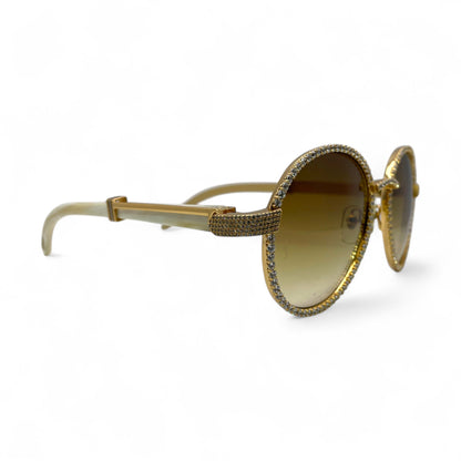Bagatelle (Iced - CZ) - 56-16 Gold White Genuine Horn Sunglasses w/ Diamond Frame & Olive Brown Lenses - Luxury Optical