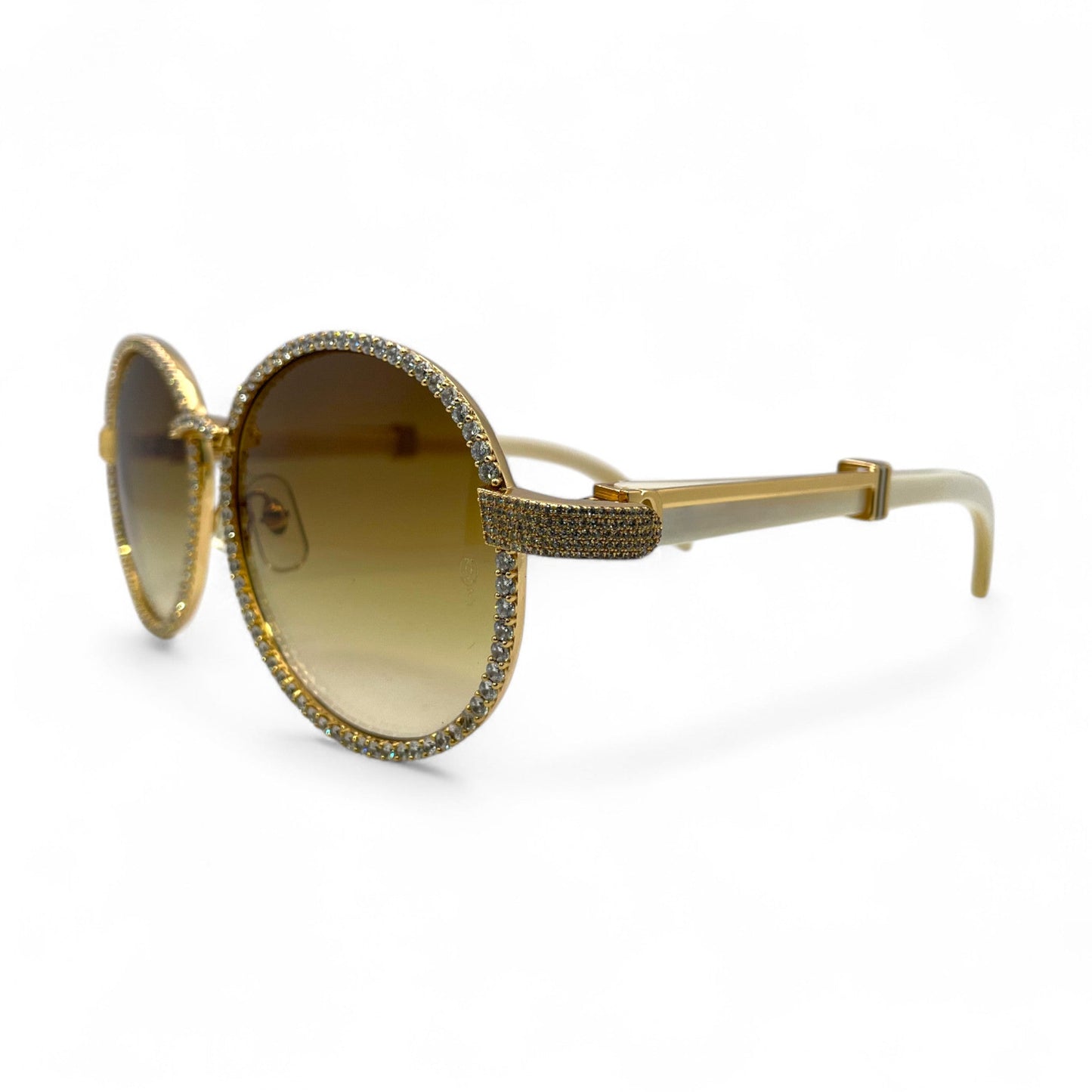 Bagatelle (Iced - CZ) - 56-16 Gold White Genuine Horn Sunglasses w/ Diamond Frame & Olive Brown Lenses - Luxury Optical