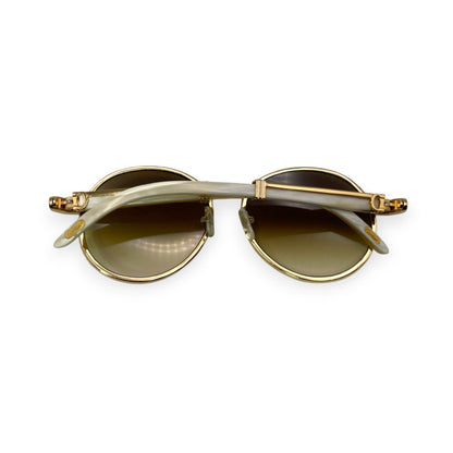 Bagatelle (Iced - CZ) - 56-16 Gold White Genuine Horn Sunglasses w/ Diamond Frame & Olive Brown Lenses - Luxury Optical