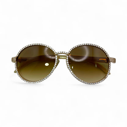 Bagatelle (Iced - CZ) - 56-16 Gold White Genuine Horn Sunglasses w/ Diamond Frame & Olive Brown Lenses - Luxury Optical