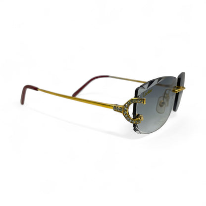 Big C Decor (Iced - Diamond Cut) - Gold Wires Sunglasses w/ Dark Gray Lenses - 3pc Diamonds Prong Set (2010s) - Luxury Optical