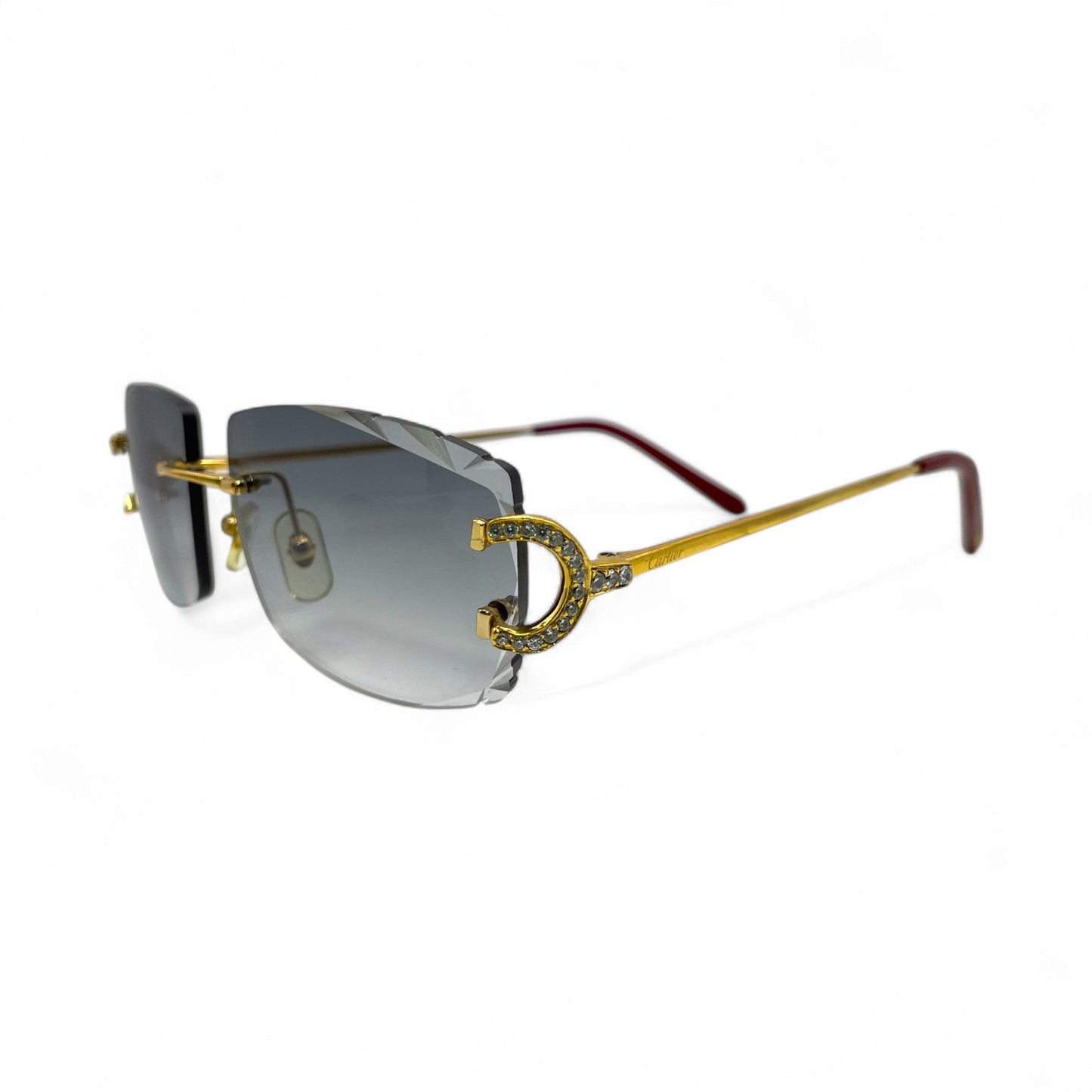 Big C Decor (Iced - Diamond Cut) - Gold Wires Sunglasses w/ Dark Gray Lenses - 3pc Diamonds Prong Set (2010s) - Luxury Optical