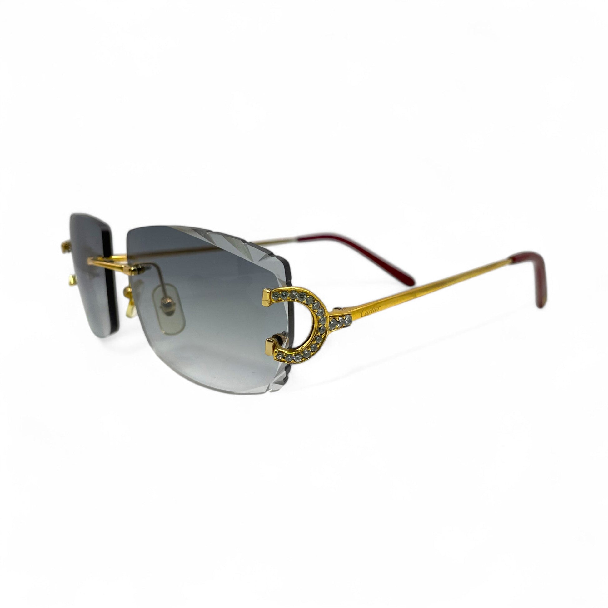 Big C Decor (Iced - Diamond Cut) - Gold Wires Sunglasses w/ Dark Gray Lenses - 3pc Diamonds Prong Set (2010s) - Luxury Optical