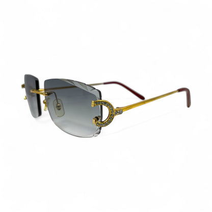 Big C Decor (Iced - Diamond Cut) - Gold Wires Sunglasses w/ Dark Gray Lenses - 3pc Diamonds Prong Set (2010s) - Luxury Optical