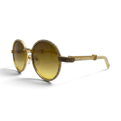 Bagatelle (Iced) - 56-16 Gold White Marble Composites Sunglasses w/ Diamond Frame & Brown Lenses