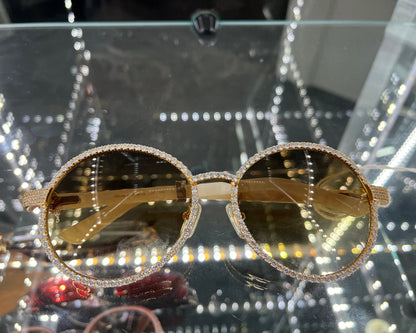 Bagatelle (Iced) - 56-16 Gold White Marble Composites Sunglasses w/ Diamond Frame & Brown Lenses